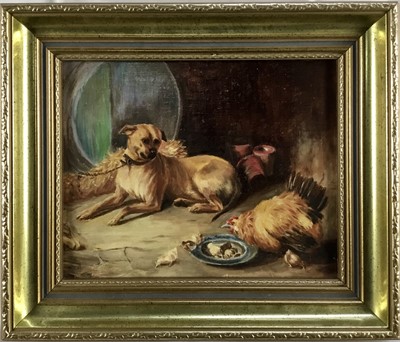 Lot 151 - English School late 19th century, oil on canvas laid on board - A tethered dog can only watch while a fat hen tucks into his food, initialled D.J.H. in gilt frame. 20 x 25cm.                       ...