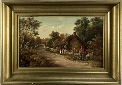 Lot 150 - Henry Harris 1852 - 1926, oil on canvas - A country scene with a peasant figure on a track by a cottage, signed, in gilt frame. 19 x 32cm.