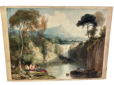 Lot 98 - George Arnald (1763-1841) watercolour - Continental idyll, signed and inscribed, 32 x 42cm, mounted