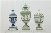 Lot 2139 - Group of three Wedgwood Jasper ware urns with...