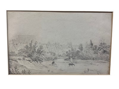 Lot 99 - Norwich School, pencil study of Norwich viewed from meadows, 18 x 30cm, mounted