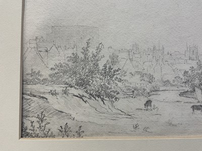 Lot 99 - Norwich School, pencil study of Norwich viewed from meadows, 18 x 30cm, mounted