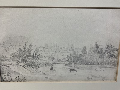 Lot 99 - Norwich School, pencil study of Norwich viewed from meadows, 18 x 30cm, mounted