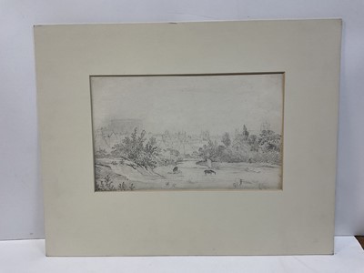 Lot 99 - Norwich School, pencil study of Norwich viewed from meadows, 18 x 30cm, mounted