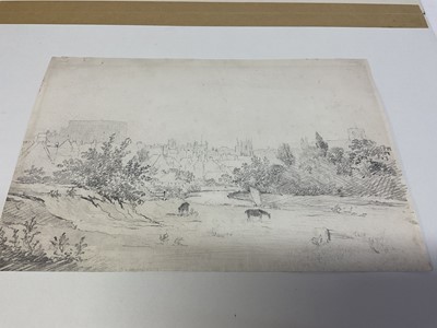 Lot 99 - Norwich School, pencil study of Norwich viewed from meadows, 18 x 30cm, mounted