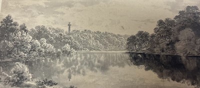 Lot 101 - Attributed to John Glover (1767-1849) monochrome wash, lake with folly, 10 x 18cm