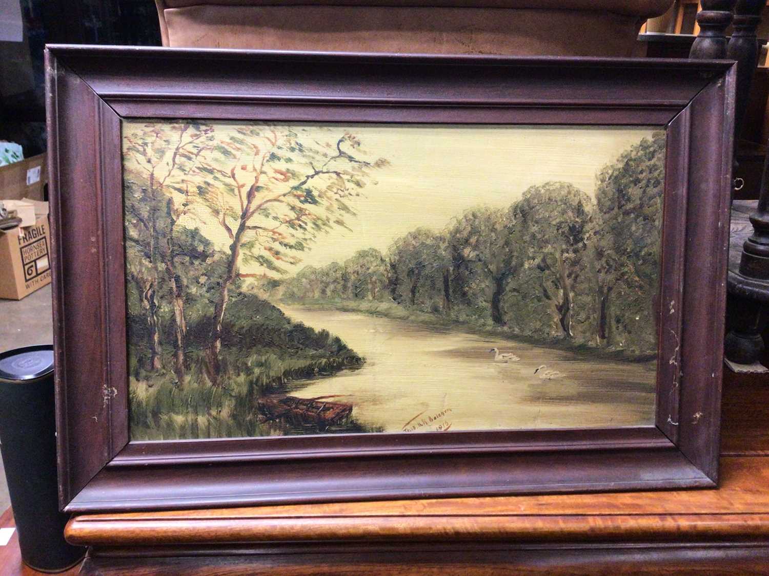 Lot 242 - Early 20th century inkstand, three naive paintings by Thomas Belchem, set of four reproduction hunting prints