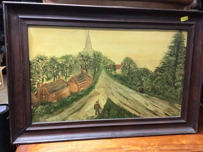 Lot 242 - Early 20th century inkstand, three naive paintings by Thomas Belchem, set of four reproduction hunting prints