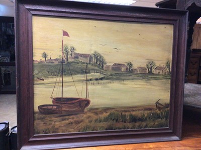 Lot 242 - Early 20th century inkstand, three naive paintings by Thomas Belchem, set of four reproduction hunting prints