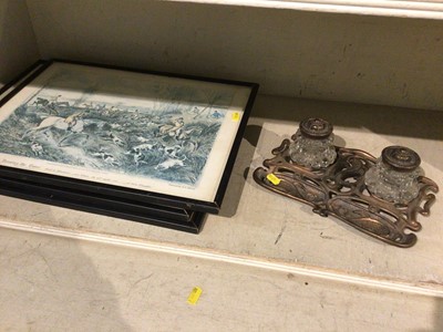 Lot 242 - Early 20th century inkstand, three naive paintings by Thomas Belchem, set of four reproduction hunting prints