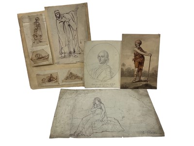 Lot 105 - Group of works on paper, including figure sketch inscribed J Flaxman, watercolour of a peasant, pencil sketch of Bonnie Prince Charlie and framed group of sketches in the manner of George Chinnery