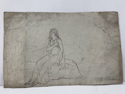 Lot 105 - Group of works on paper, including figure sketch inscribed J Flaxman, watercolour of a peasant, pencil sketch of Bonnie Prince Charlie and framed group of sketches in the manner of George Chinnery