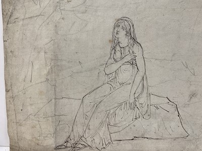 Lot 105 - Group of works on paper, including figure sketch inscribed J Flaxman, watercolour of a peasant, pencil sketch of Bonnie Prince Charlie and framed group of sketches in the manner of George Chinnery