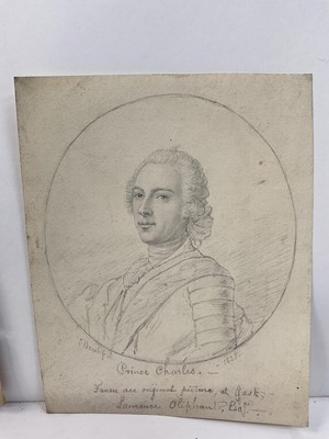 Lot 105 - Group of works on paper, including figure sketch inscribed J Flaxman, watercolour of a peasant, pencil sketch of Bonnie Prince Charlie and framed group of sketches in the manner of George Chinnery