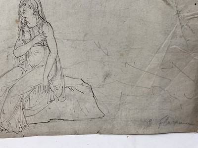 Lot 105 - Group of works on paper, including figure sketch inscribed J Flaxman, watercolour of a peasant, pencil sketch of Bonnie Prince Charlie and framed group of sketches in the manner of George Chinnery