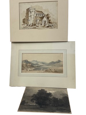 Lot 107 - P. S. Mann (1775-1845) two watercolours, landscapes, landscapes, one signed inscribed and dated, the larger 11 x 25cm, together with a monochrome sketch of a Sussex church. (3)