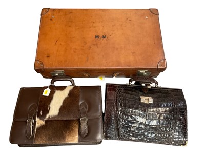 Lot 123 - Vintage brown leather suitcase, crocodile leather briefcase with lock and key and a leather and pony skin satchel (3)