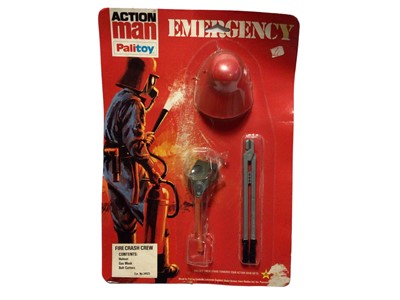 Lot 41 - Palitoy Action Man Emergency Outfits & Accessories including Fire Crash Crew Helmet, Bolt Cutters & Gas Mask No.34523, Fire Extinguisher, Tool Belt & Axe No.34522 and Jacket, trousers & Boots Outfi...