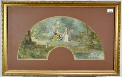 Lot 1074 - After Watteau, 19th century French School watercolour fan design depicting figures in a Classical garden, 30cm x 58cm, in glazed gilt frame