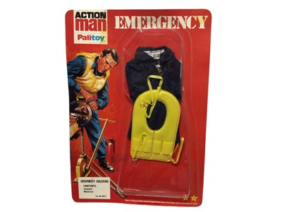 Lot 43 - Palitoy Action Man Emergency Highway Hazard Outfit with Jumpsuit & Waistcoat No.34511 and equipment Centre Workshop Accessories Traffic Cones, Cutters & Petrol Can (x3), all on cards wit blister or...