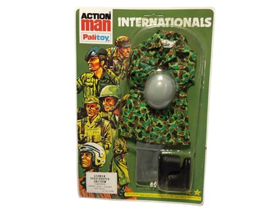 Lot 45 - Palitoy Action Man Internationals Oufits including German Paratrooper & American Marine (x3), all on card with blister pack No.34300 (4 total)