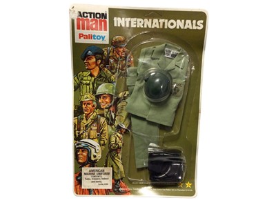 Lot 45 - Palitoy Action Man Internationals Oufits including German Paratrooper & American Marine (x3), all on card with blister pack No.34300 (4 total)