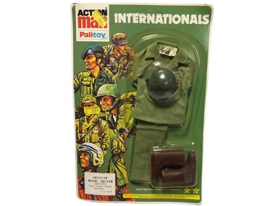 Lot 46 - Palitoy Action Man Internationals Uniforms including Jet Pilot No.34284 & American Marine No.34300 (x2), all on card with blister packs (3 total)