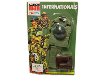 Lot 46 - Palitoy Action Man Internationals Uniforms including Jet Pilot No.34284 & American Marine No.34300 (x2), all on card with blister packs (3 total)