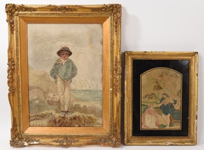 Lot 906 - Unusual 19th century embroidered tapestry portrait of a boy, together with a Georgian silkwork. (2)