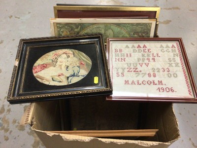 Lot 268 - Collection of assorted pictures and prints to include two early 20th century samplers (1 box)