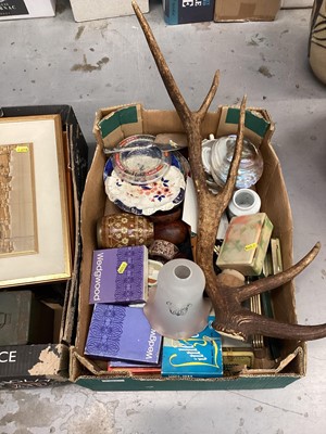 Lot 399 - Collection of sundry items to include deer antlers, ammounition box, candlestick and other items (2 boxes)