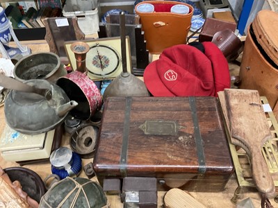Lot 76 - Miscellaneous works of art including Victorian brass bound campaign style writing slope, copper, binoculars, sundries