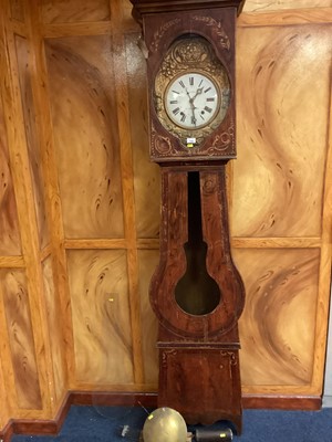 Lot 1364 - 19th century French 8 day long case clock with enamel dial, in grained pine case, with two weights and pendulum