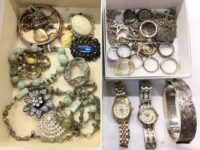 Lot 1025 - Group of costume jewellery including a silver bangle with engraved floral decoration, other silver pendants and chains, paste set brooches, rings and two wristwatches