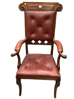 Lot 1209 - Regency Gothic influence mahogany elbow chair with high back, red leather buttoned upholstery on splayed legs