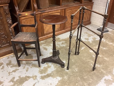 Lot 1203 - Regency rosewood wine table with turned inverted tulip column on trefoil base and pad feet, Childs elm high chair and Victorian turned towel rail (3)