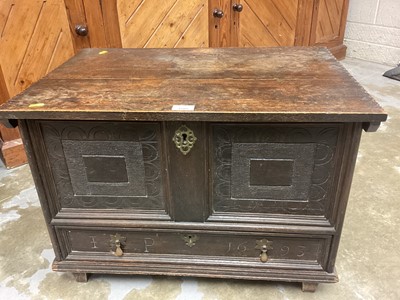 Lot 1205 - Small 17th century-style oak mule chest with rising top, carved decoration , drawer below with initials and date '1693'