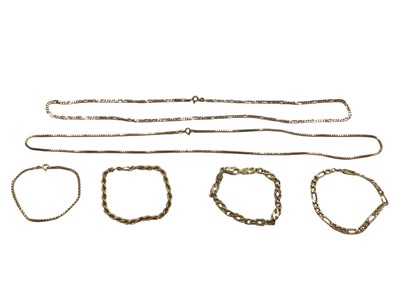 Lot 1031 - Group of 9ct gold chains to include two necklaces and four bracelets