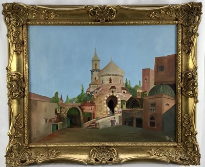 Lot 206 - English School mid 20th century, oil on canvas, figures by a mosque, signed Blythe, in swept gilt frame. 40 x 50cm