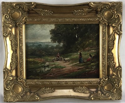 Lot 154 - English School, circa 1900, oil on panel, a wooded landscape with sheep and figures in the foreground, in later gilt frame. 15 x 20cm