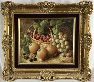 Lot 136 - Andrew Wilson, still life of fruits including strawberries, blackberries, grapes and apples, oil on board, signed, in gilt frame. 24 x 29cm