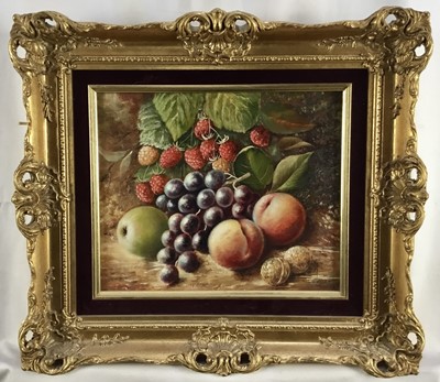 Lot 135 - Andrew Wilson, oil on board, still life of fruit including raspberries, grapes and peaches, signed, in gilt frame. 24 x 29cm