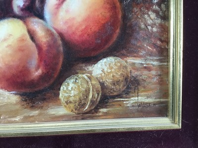 Lot 211 - Andrew Wilson, oil on board, still life of fruit including raspberries, grapes and peaches, signed, in gilt frame. 24 x 29cm