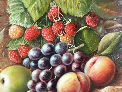 Lot 211 - Andrew Wilson, oil on board, still life of fruit including raspberries, grapes and peaches, signed, in gilt frame. 24 x 29cm