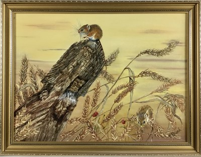 Lot 152 - Elizabeth Burch, oil on artist board, mice eating ears of corn, signed, also dated 1991 verso, in gilt frame. 29 x 39cm