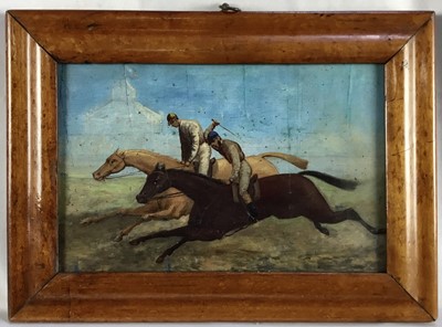 Lot 149 - English School circa 1850, oil on board, a horse racing scene, in maple frame. 16 x 25cm