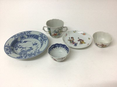 Lot 159 - Chinese famille verte two handled chocolate cup, Kangxi, two tea bowls, a saucer and a small blue and white bowl