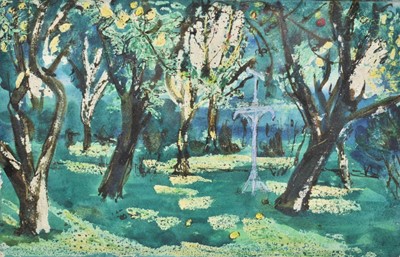 Lot 1149 - Hugh Cronyn (1905-1996) mixed media on paper - The Apple Orchard, Dedham, 17cm x 25cm, in glazed frame