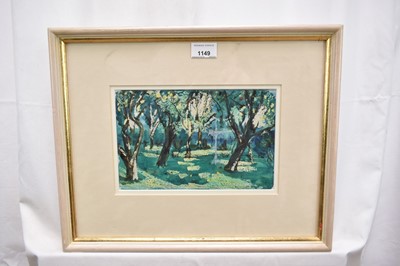 Lot 1149 - Hugh Cronyn (1905-1996) mixed media on paper - The Apple Orchard, Dedham, 17cm x 25cm, in glazed frame
