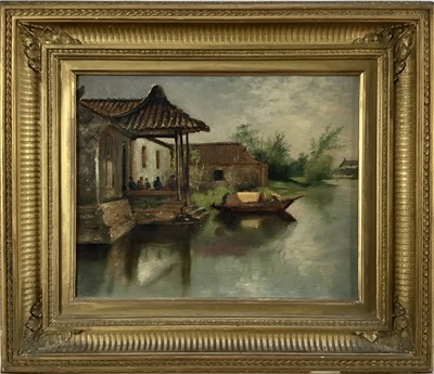 Lot 112 - Anglo-Chinese school, oil on canvas - Oriental tea house, 19cm x 24cm, in gilt frame